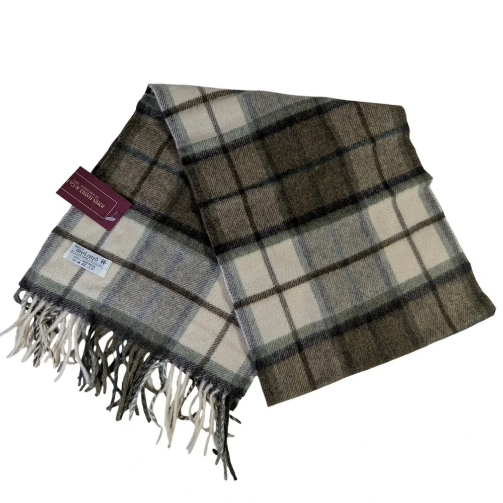 John Hanly Ireland Lambswool Scarf Green Plaid Tartan Fringe Made in Ireland